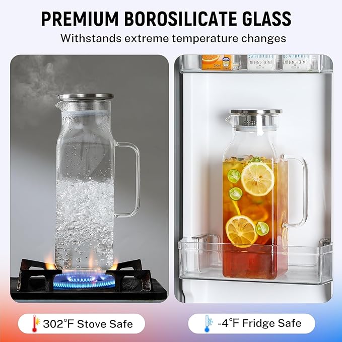 Netany 2 Pack 2.22 Liters/75 oz Square Glass Pitcher with Lid and Handle for Fridge, Iced Tea and Coffee Carafe Beverage Serveware, Heat Resistant Borosilicate Water Jug for Hot/Cold Drinks and Milk