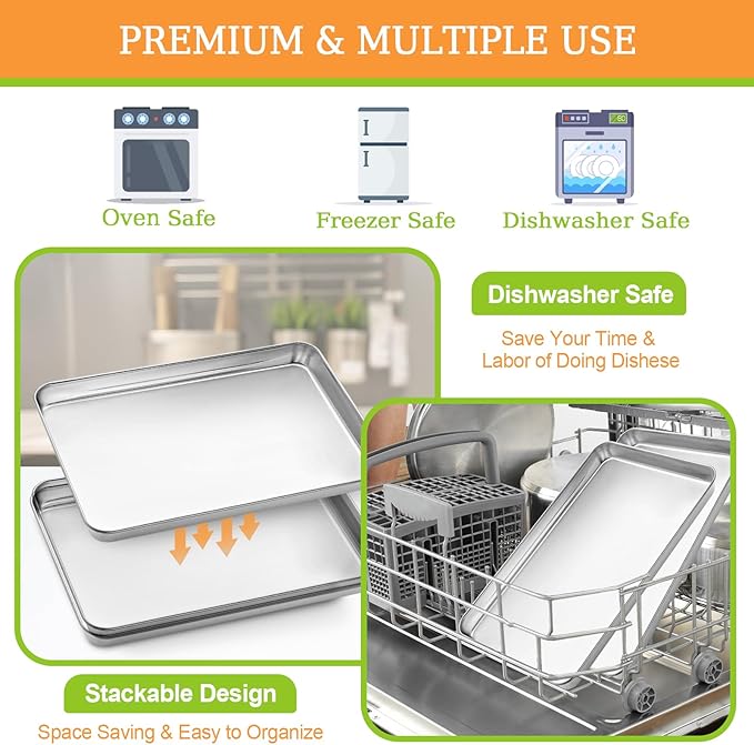 CEKEE Baking Sheet Set of 4, Stainless Steel Cookie Sheet & Baking Pan Tray, Toaster Oven Tray, Baking Pan Set, Rectangle Size 16 x 12 x 1 inch, Non Toxic, Mirror Finish & Rust Free, Dishwasher Safe