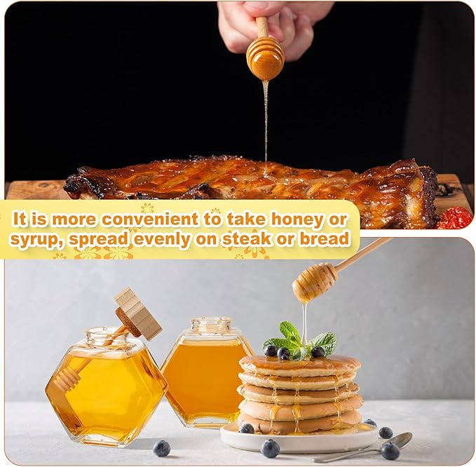 Sunnyray 20 Pcs Glass Honey Jars with Dipper Hexagonal Clear Glass Dispenser Small Honey Containers Bottle with Wooden Dipper and Cork Lid for Home Storage Kitchen (220 ml)