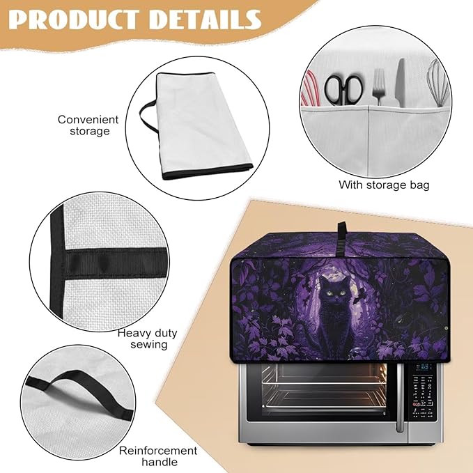 Countertop Convection Oven Cover Decorative and Protective Air Fryer Toaster Oven Dust Cover for Home Kitchen Indoor Decor, M, Black Cat Skull Bat Violet Forest Halloween