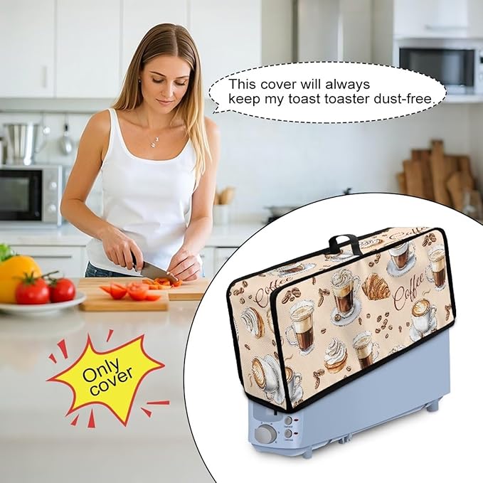 Toaster Cover Coffee Theme Toaster Cover 2 Slice Long Slot Beige Slim Dustproof & Water-Resistant Dust Covers for Toasters 2 Slice Long Slot, Decor Kitchen Appliance Covers