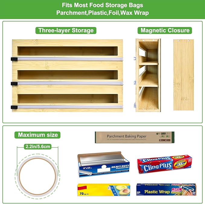 Magnetic Plastic Wrap Dispenser with Cutter, 3 in 1 Refrigerator Bamboo Organizer for Tin Foil, Baking Paper, Wax Paper Holder Kitchen Storage Box Compatible