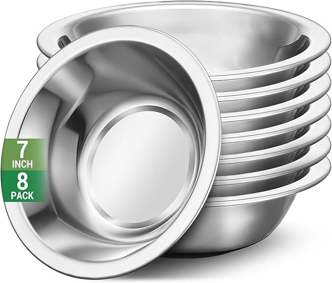 304(18/8) Stainless Steel Mixing Bowls for Kitchen, 8 Pack 7" 21.22 fl.oz Metal Mixing Bowls Set Stackable for Baking Serving Cooking Food Prep Storage Dishwasher Safe Lightweight