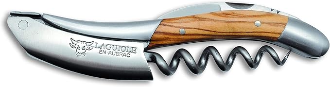Laguiole En Aubrac Sommelier Waiter's Corkscrew, Olivewood Handle, Wine Opener With Foil Cutter & Bottle Opener, Brushed Bolster