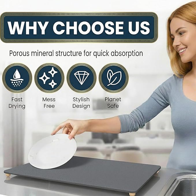 Stone Drying Mat for Kitchen Counter with 5 Wooden Feet, 19.7"×14.7" Diatomaceous Earth Dish Drying Mat, Elevated Drying Stone Mat for Modern Kitchen Countertop (Dark Gray, Standard-Solid)