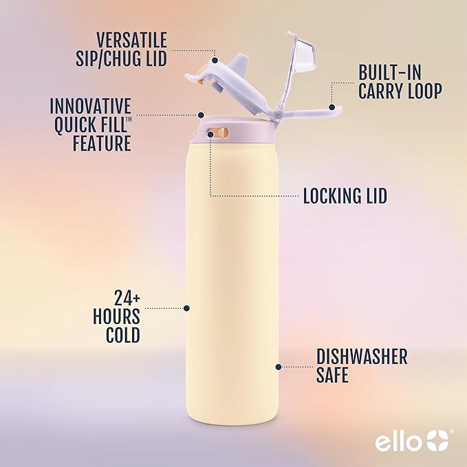 Ello Pop & Fill 40oz Stainless Steel Water Bottle with Quick Fill Technology, Double Walled and Vacuum Insulated Metal, Leak Proof Locking Lid, Sip and Chug, Reusable, BPA Free, Pastel Paradise