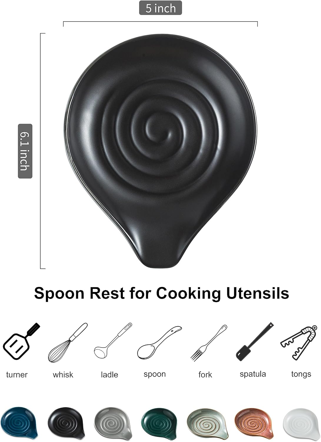 LAUCHUH Spoon Rest for Stove Top 5 inch Cooking Spoon Holder for Kitchen Countertop Ceramic Ladle Holder for Spatula, Spoons or Tong, Halloween Kitchen Decor, Black