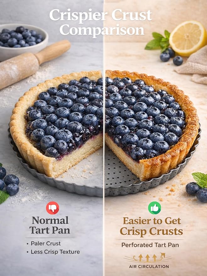 9 Inch Perforated Quiche Pan for Crispy Crust w/Cake Server. Removable Bottom, Non-Stick Coating, Rugged Carbon Steel Dish for Tart Quiche Pie Baking. Gift for Christmas Thanksgiving Party