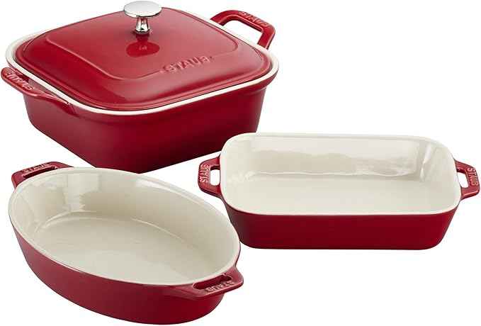STAUB Ceramic 4-pc Baking Pans Set, Casserole Dish with Lid, Brownie Pan, Cherry