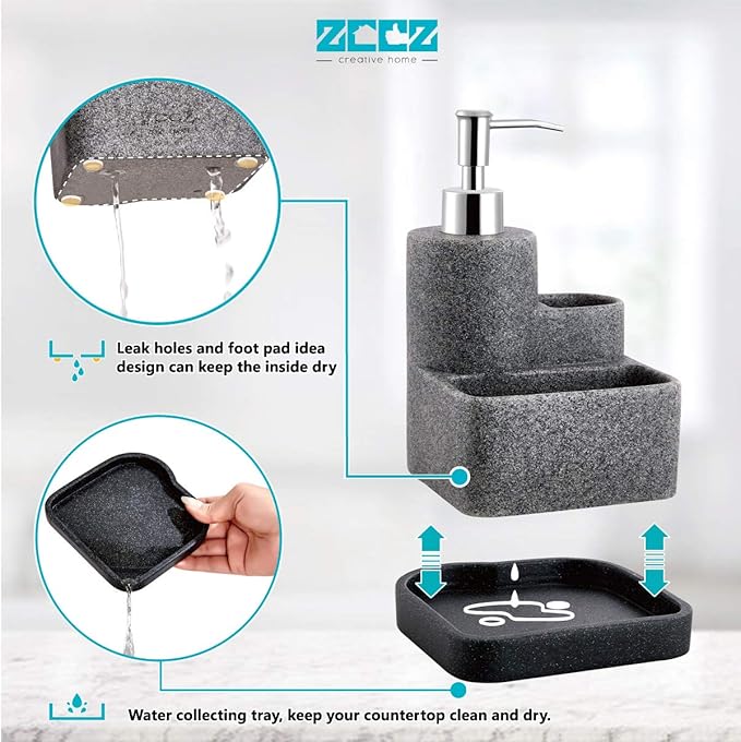 ZCCZ Black Soap Dispenser with Sponge Holder, Kitchen Soap Dispenser Pump, Sponge Caddy and Brush Holder 3 in 1 Set Organizer for Sink Countertop, Removable Tray, Marble Look (Brush NOT Included)