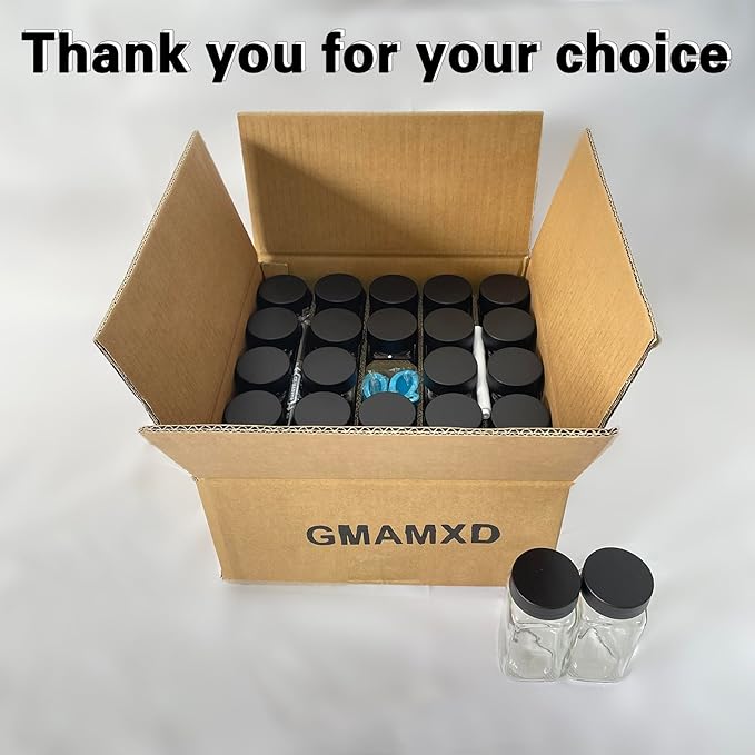 24 Glass Spice Jars with Labels, Spice Jar Set, 4oz Spice Containers, Seasoning Containers with Black Airtight Lids and Shaker Lids, Square Empty Spice Bottles, 492 Labels, 1 Funnel