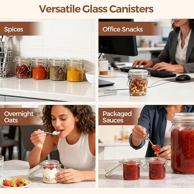 ComSaf 8oz Glass Jars with Airtight Lids (Value Pack of 12), Bulk Cylindrical Jelly Jars for Complete Pantry Organization, 240ml Small Canisters for Sourdough Discard, Spices, Crafts & More