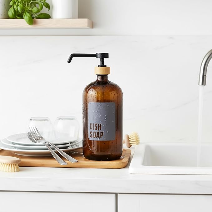 SAVVY & SORTED Amber Glass Dish Soap Dispenser for Kitchen Sink 1 Liter, Large Kitchen Soap Dispenser Set with Permanent Label, Refillable Glass Bottle for Dish Washing Liquid, 34 Fl Oz