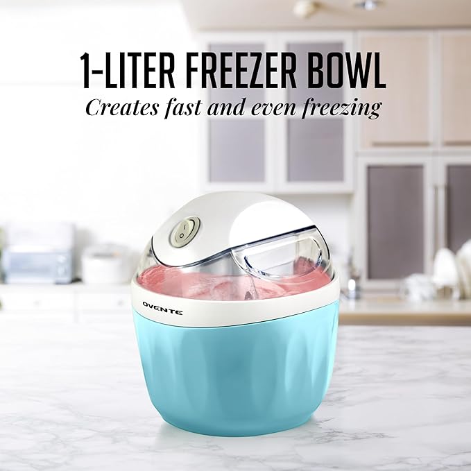 OVENTE Electric Ice Cream Maker with Easy-Lock Lid, 1QT Freezer Bowl for Healthy & Homemade Frozen Yogurt, Sorbet and Gelato, Mini Kitchen Appliance Ideal for Summer Desserts for Kids, Blue ICM110BL