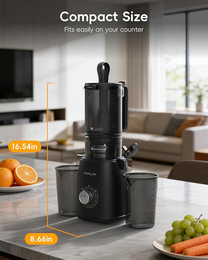 FORLIM High-Yield Cold Press Juicer, Easy to Clean, Powerful Juicer Machines with Large Feed Chute for Whole Vegetables and Fruits, Self Feeding (Black)