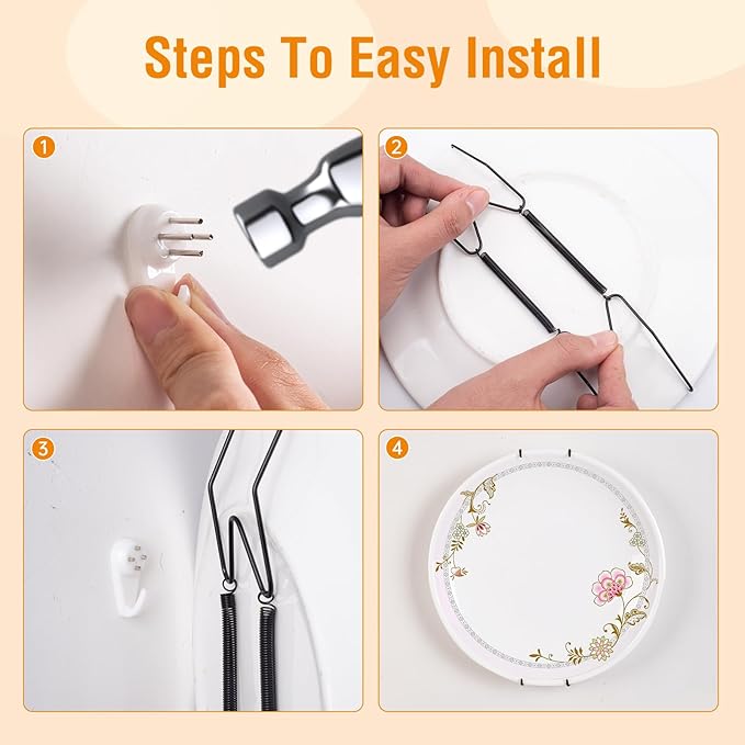 Bilillo 9-Piece Stainless Steel Wall Plate Hangers, 6/8/10 Inch Invisible Decorative Wire Plate Holders with 9 Pieces Wall Hooks for 6 to 11 Inch (Black)