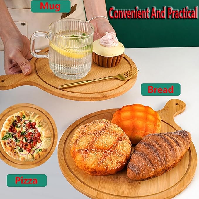 6 Pack Pizza Board Set – Premium Wooden Pizza Plates for Serving & Cutting, Round Bamboo Pizza Plate with Handle, Durable & Lightweight for Home & Restaurant (Up to 13 Inches),6inch