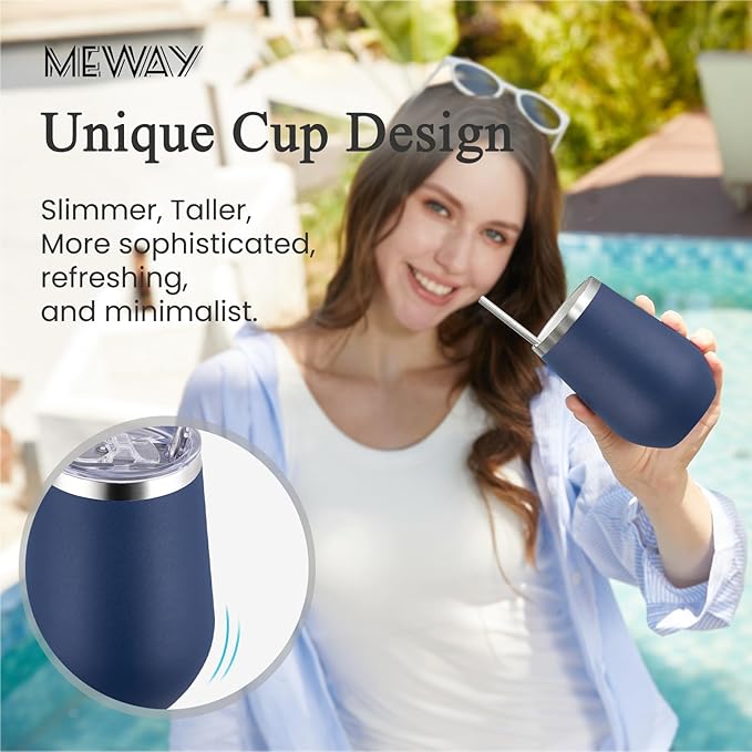 MEWAY 12oz/8 Pack Wine Tumbler Glasses with Lid - Stemless Double Wall Vacuum Stainless Steel Tumbler Keeping Cold & Hot for Wine,Drinks - Family and Gifts, Ideal for Travel and Office(Navy,Set of 8)