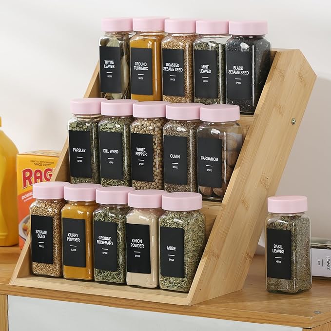 48 Glass Spice Jars with Labels, Spice Jar Set, 4oz Seasoning Containers, Spice Containers with Pink Airtight Lids and Shaker Lids, Square Empty Spice Bottles, 492 Labels, 1 Funnel