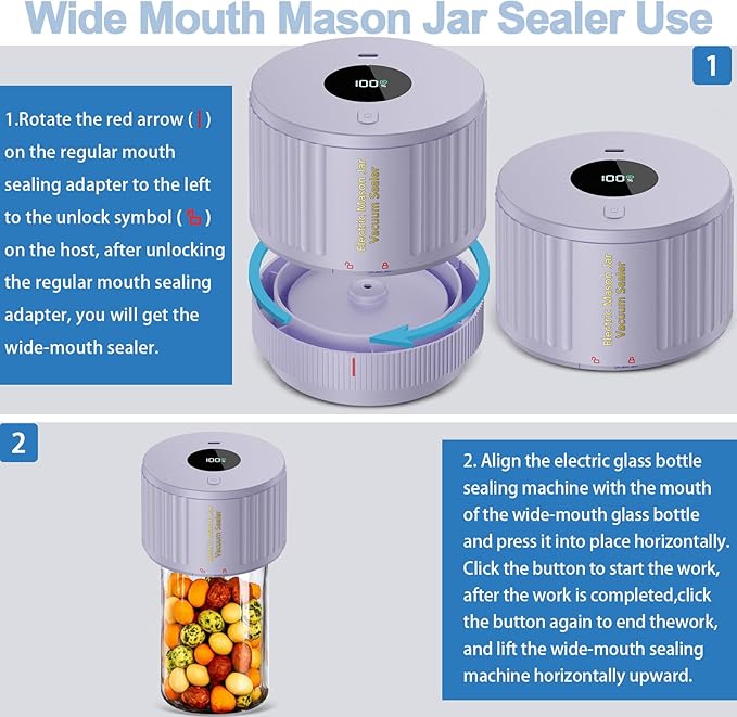 LOVE MOMENT Electric Mason Jar Vacuum Sealer Kit for Wide Mouth and Regular Mouth Mason Jar - Purple