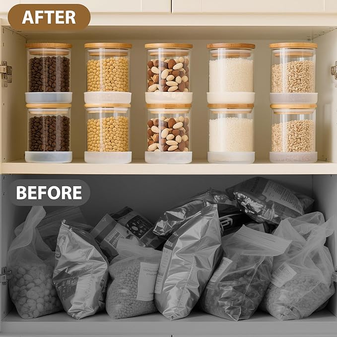 TBWIND 17oz Round Glass Storage Containers with Bamboo Lids – 12 Pack Small Airtight Clear Spice Jars for Pantry Organization, Kitchen Dry Food, Flour, Spice, Coffee Beans, Staples & Snacks