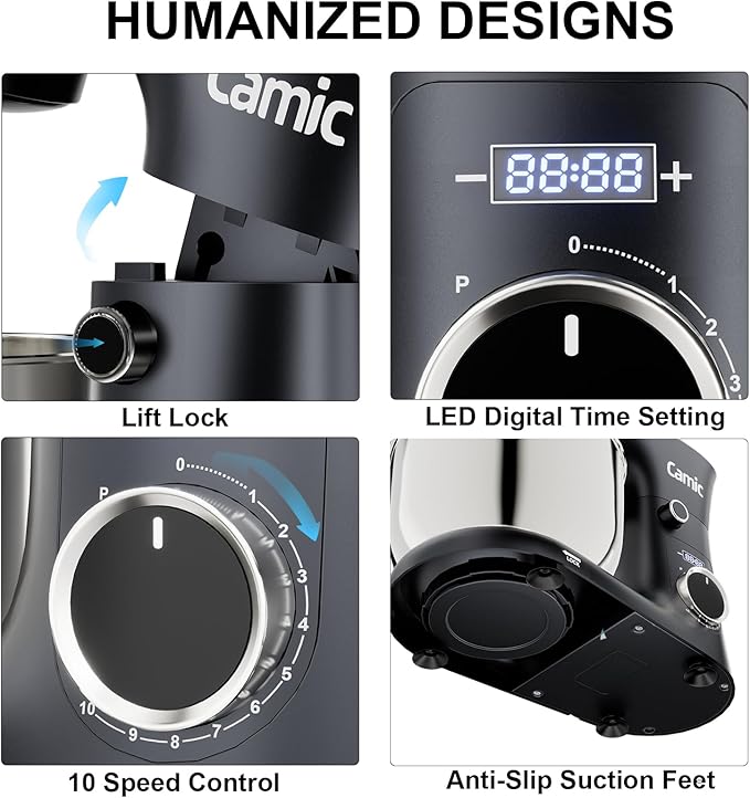 Camic Stand Mixer, 4.2QT+5.3QT Two bowls Electric Food Mixer, 10 Speeds with Digital setting 3-IN-1 Kitchen Mixer for Baking Cakes Cookie Bread Salad with Egg Whisk,Dough Hook,Flat Beater (Grey)