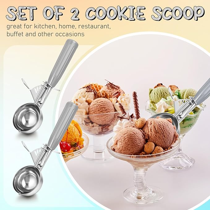 Reallnaive 2 Pcs Release Cookie Scoops Ice Cream Scooper with Trigger Release Portion Scoop Stainless Steel for Portion Control, Baking Food, Cookie Dough (2 oz,Gray)