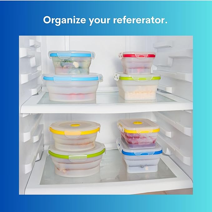 ECOBERI Collapsible Silicone Food Storage Containers Set of 5, BPA-Free Food-Grade Silicone, Airtight Snap Lids, Microwave, Freezer & Dishwasher Safe, Space-Saving Meal Prep & Lunch Containers