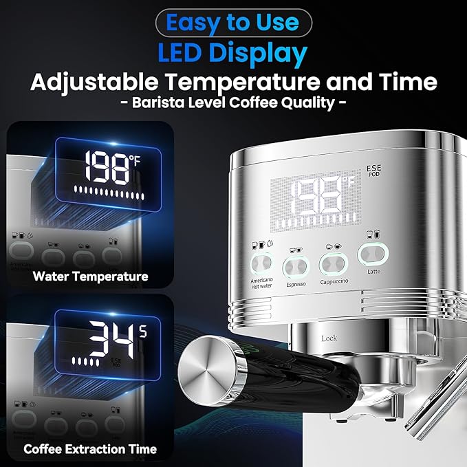 Espresso Machine 20 Bar Temperature Time LED Display Espresso Maker with Stepless Adjustable Automatic Milk Frother for Cappuccino Latte Americano Stainless Steel Coffee Machine with ESE Pod Filter