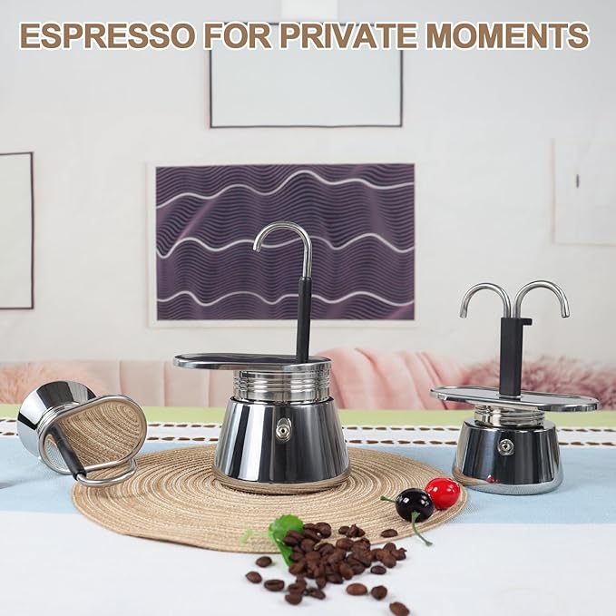 Uncoated 4 Cup Single Tube Moka Pot 304 Thickened Stainless Steel Mini Coffee Maker Stovetop Espresso Coffeemaker Italian Classic Style Brewing Greca Cafe Mocha for Camping Travel Home 310ml