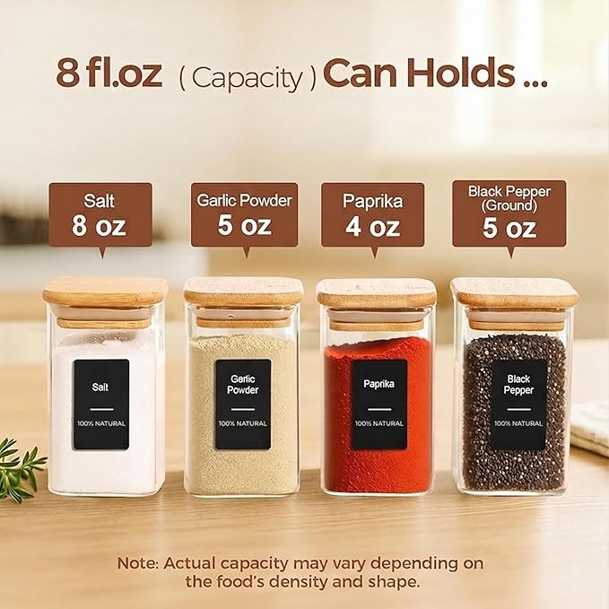 ComSaf 12Pcs Spice Jars with Labels, Glass Jar with Bamboo Lid, 8oz Airtight Square Containers with Black Lables, Empty Seasoning Jars for Spice, Salt, Pepper, Sugar
