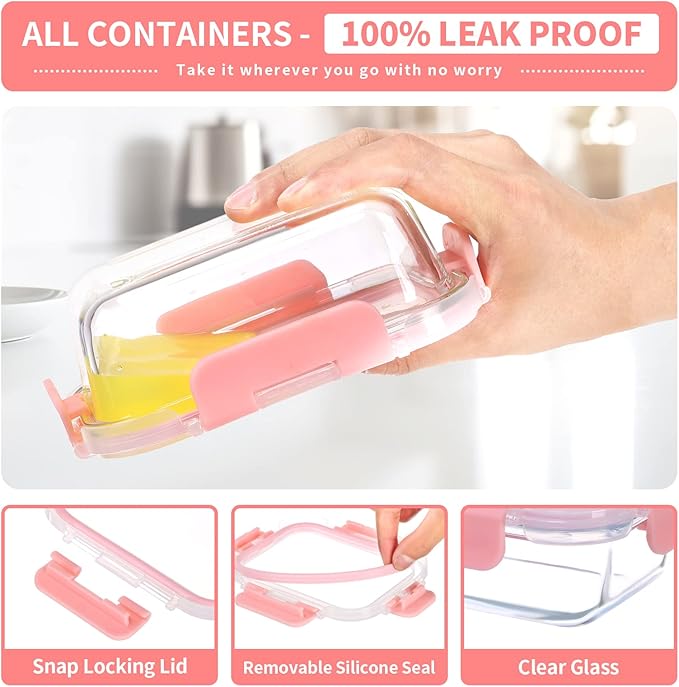 GULFLIN Small Glass Food Storage Containers 12 Pack-12oz Glass Containers with Lids for Meal Prep, Food Storage, Freezer to Microwave Safe, Air-Tight, Leak-Proof, Pink Set