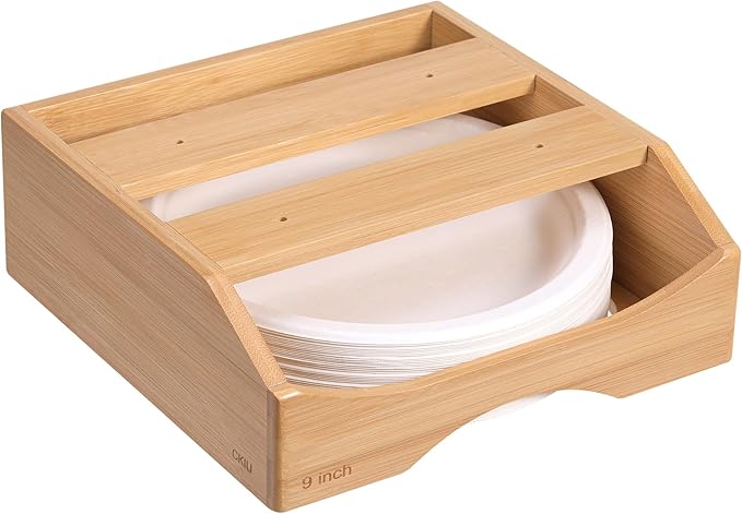 9-inch Paper Plate Dispenser Under Cabinet, Bamboo Paper Plate Holders, Kitchen Counter Vertical Plate Dispensers Holders Countertop Caddy(For 9-inch Plates, Bamboo)