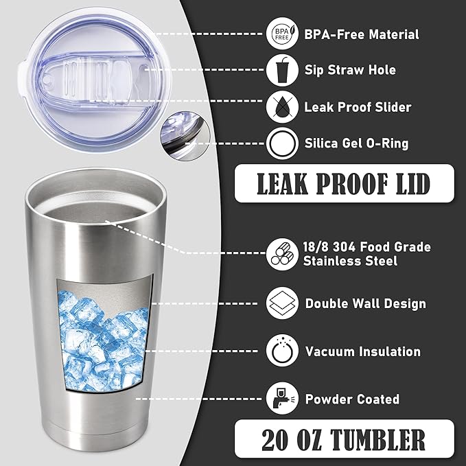 20 oz Tumbler Coffee Travel Tumblers Bulk with Lid Stainless Steel Double Wall Vacuum Insulated Mug Powder Coated Cups fit Car Cupholder for Hot and Cold - Stainless Steel, 1Pack