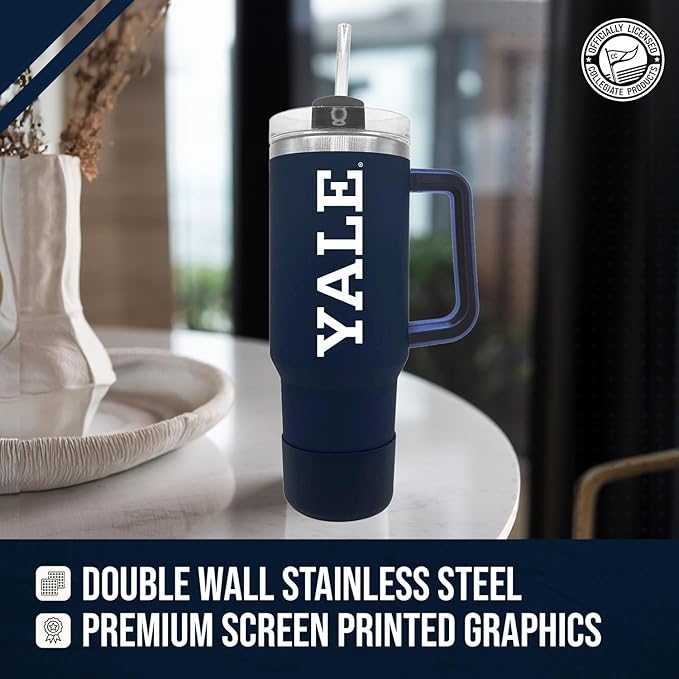 Campus Colors College & University 40 oz Travel Tumbler With Handle - Dual Option Lid With Straw - Vacuum Insulated Stainless Steel (Yale Bulldogs - Navy)