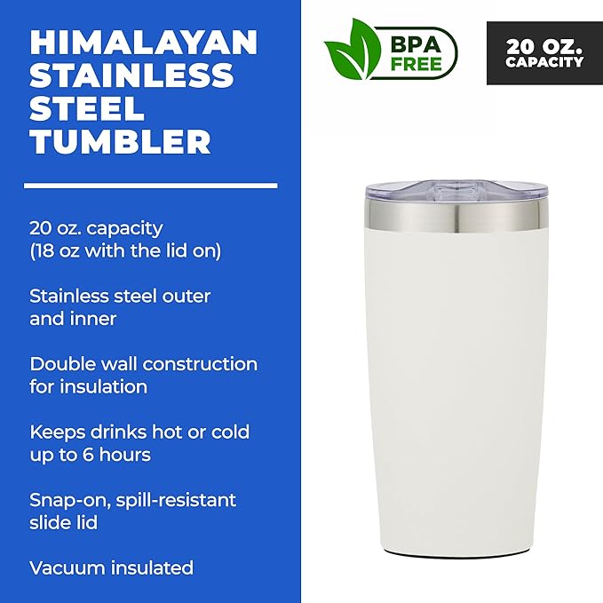 6 Ct of 20 Oz Two-Tone Himalayan Stainless Steel Tumbler with Lid – White – Customizable Insulated Cups for Water, Coffee, Hot & Iced Drinks – Great for DIY, Events, Work