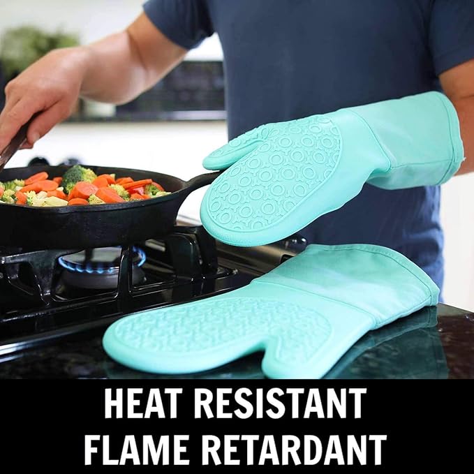 BPA-Free Soft Silicone 4 Piece Oven Mitts & Trivets Set - Ultra Heat Resistant Oven Mitts with Thick Cotton Liner - Long Slip Resistant Pot Holders, Flexible Oven Gloves - Aqua