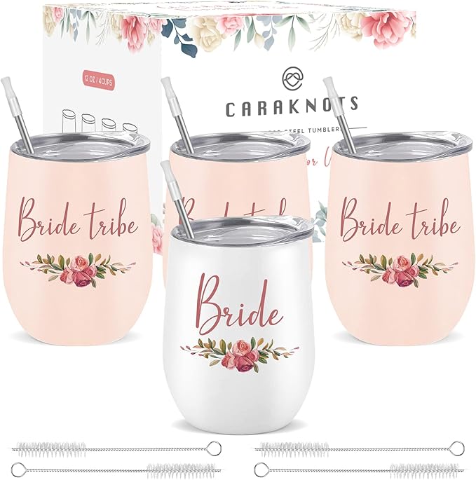 CARAKNOTS Bride Tribe 12 OZ Stainless Steel Insulated Tumbler Set of 4 - Wedding Bridal Shower Bachelorette Party Gifts for Bridesmaids