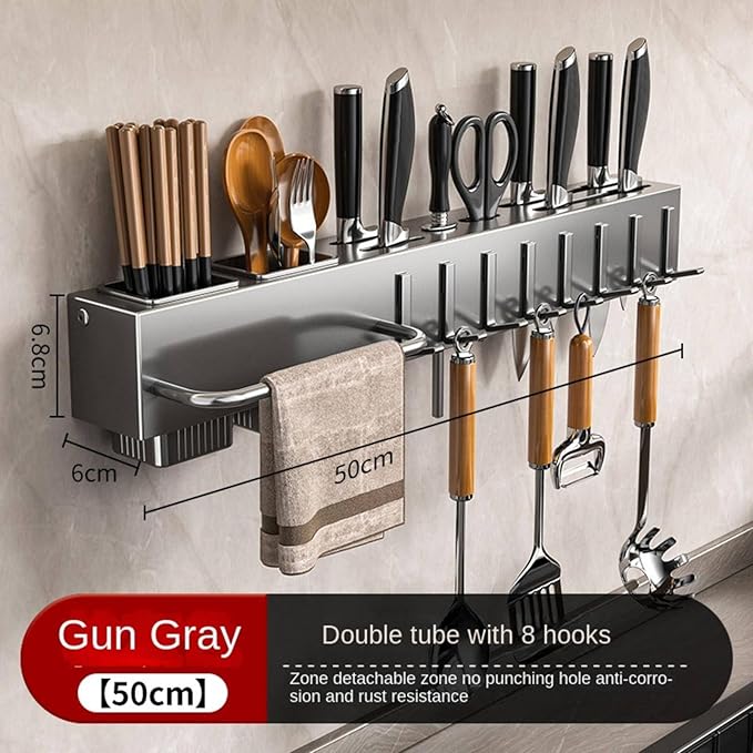 New Multi-Functional Kitchen Rack Home Wall-Mounted Knives Chopstick and Spoon Storage Rack Punch-Free cookware draining Rack, 30, Black