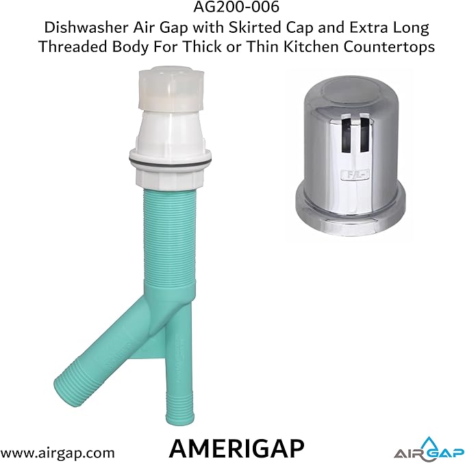 Dishwasher Air Gap with Skirted Cap and Extra Long Threaded Body for Thick or Thin Kitchen Countertops (AG200-006, AG200-003, 52, AMERIGAP)