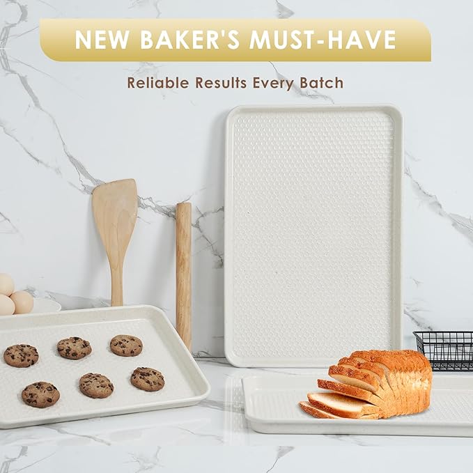 Baking Sheet Pan Set of 3, Nonstick Carbon Steel Cookie Sheets with Texture, Commercial Half/Quarter/Jelly Roll Pans Replacement Toaster Oven Tray, Heavy Duty & Easy Clean, White