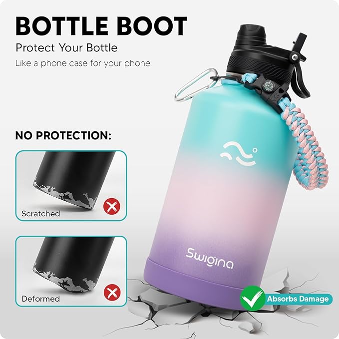 Swigina [2-IN-1 LID] 64 oz Insulated Water Bottle with Silicone Boot (48hrs Cold/24hrs Hot) - DIY Stickers, Leakproof, BPA Free, Half Gallon