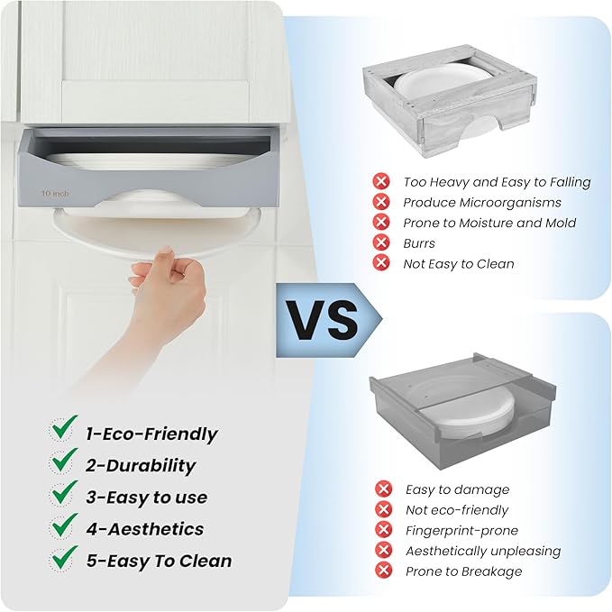 10-inch Paper Plate Dispenser Under Cabinet, Bamboo Paper Plate Holders, Kitchen Counter Vertical Plate Dispensers Holders Countertop Caddy (For 10-inch Plates,Gray)