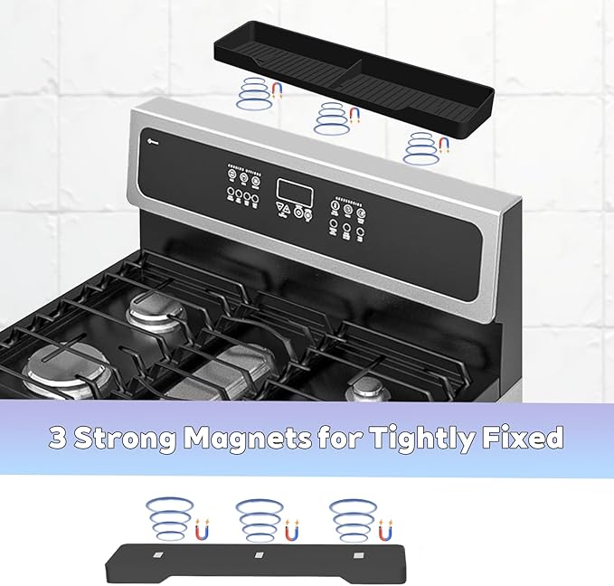 15 Inch Magnetic Silicone Stove Top Shelf,Heat Resistant Over The Stove Spice Rack for Kitchen,Space Saving Organizer Back of Stove,Includes 6 Additional Sticky Boards(Black,15''x3.8'')