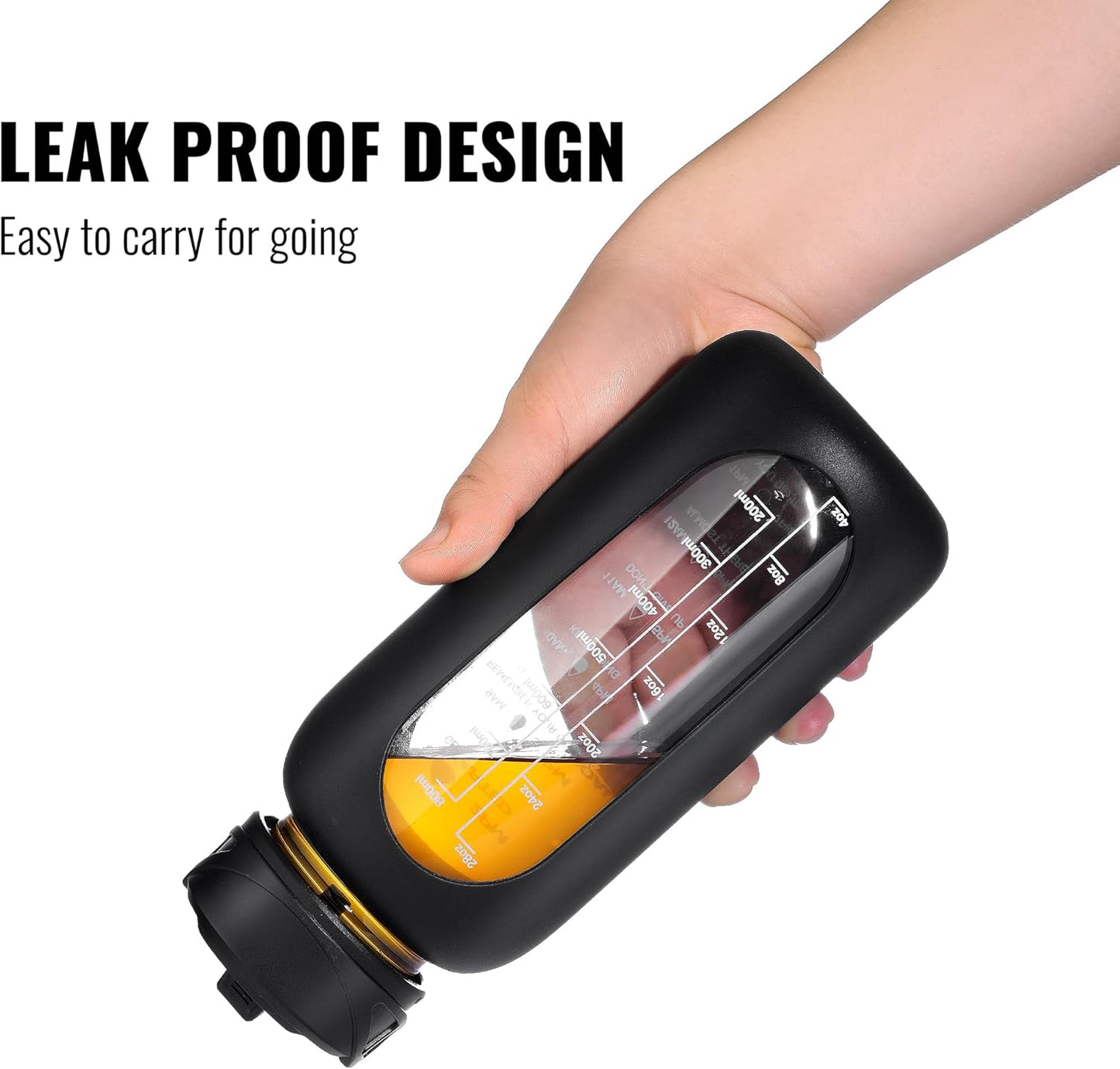 CIVAGO 32 oz Glass Water Bottle with Straw and Handle, Large Sports Motivational Water Bottle Flask with Time Marker and 2 Lids, Leakproof Water Jug Canteen with Silicone Sleeve for Gym,Black