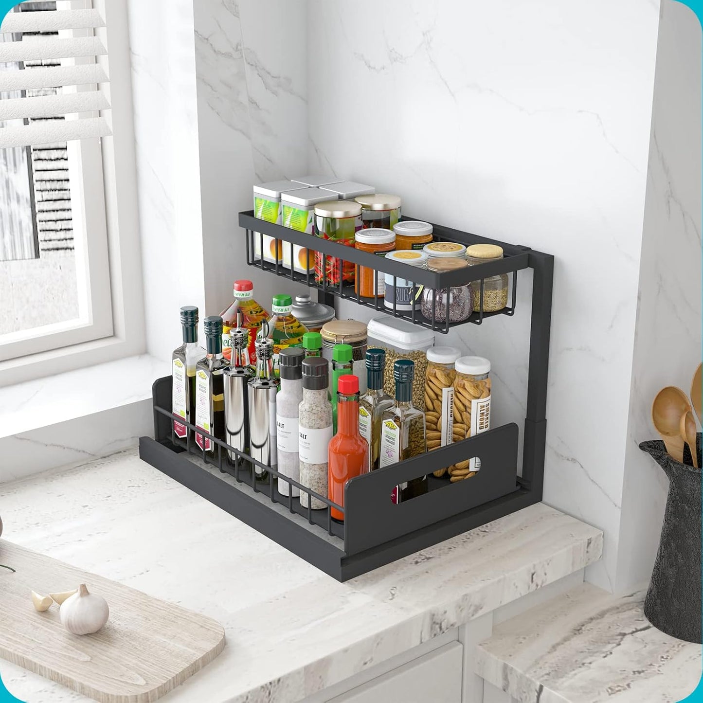 REALINN Under Sink Organizer, Pull Out Cabinet Organizer Slide Out Sink Shelf Cabinet Storage Shelves, Storages for Kitchen Bathroom, Black, 2 Pack
