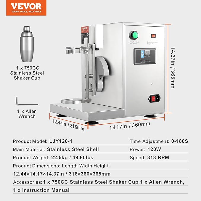 VEVOR Milk Tea Shaker, Electric Milk Tea Maker Machine, 0-180s Adjustable Milk Tea Shake Mixer Machine with 750ML Stainless Steels Cup for Bubble Tea, Boba Tea, Juice, Coffee, Milk, Wine