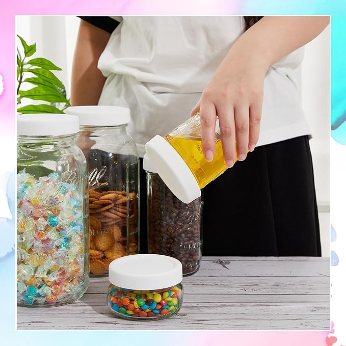 Teenyyou 6 Pcs Silicone Wide Mouth Lids Mason Jar Lids Thickened Leak Proof Lid for 86 mm All Wide Mouth Mason Jars, Reusable Large Canning Jar Caps (White)