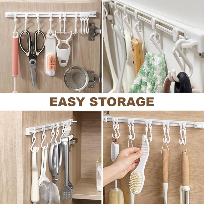 Multifunctional Slide Rail Hook,Kitchen Utensil Hanging Rack Wall Mounted Hanger,Space Saving Utensil Holder with 10 Hooks ,Sliding Track Hook No Drilling Hanger for Home Office (Length 40cm/1pcs)