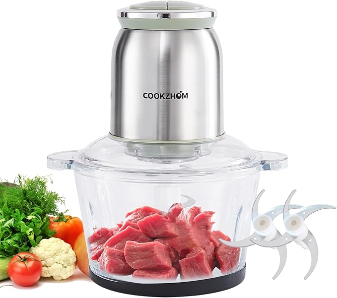 Silver Food Processor,500W Electric Meat Grinder with 8 Cup Glass Bowl and 4 Sharp Blades, Food Chopper & Vegetable Chopper for home use,Meat Processor, Vegetables, Fruits and Nuts